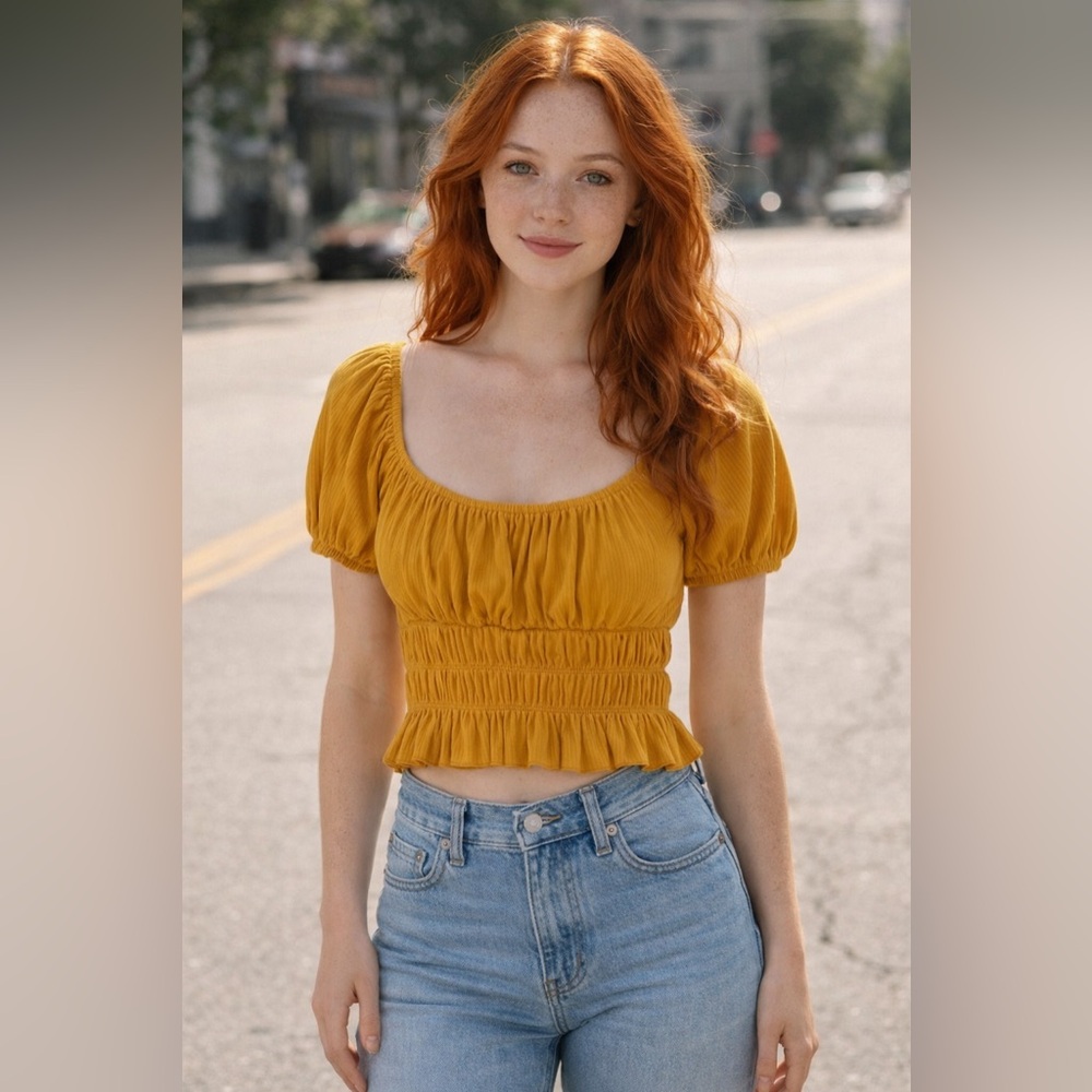 Forever 21 Mustard Puff Sleeve Blouse